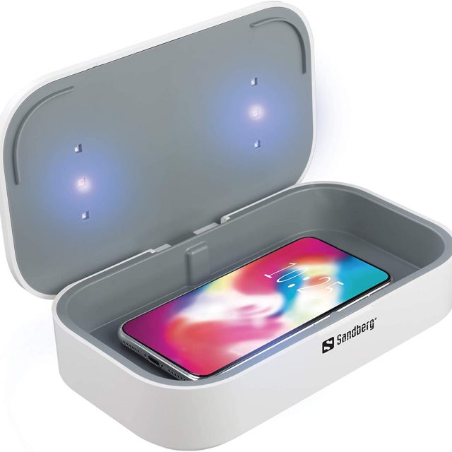 Sandberg (470-31) USB UV Sterilizer Rechargeable with Built-in 10W Qi Compatible Wireless Charger, 360° UV Disinfection, Kills up to 99% Bacteria/Viruses