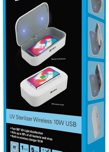 Sandberg (470-31) USB UV Sterilizer Rechargeable with Built-in 10W Qi Compatible Wireless Charger, 360° UV Disinfection, Kills up to 99% Bacteria/Viruses