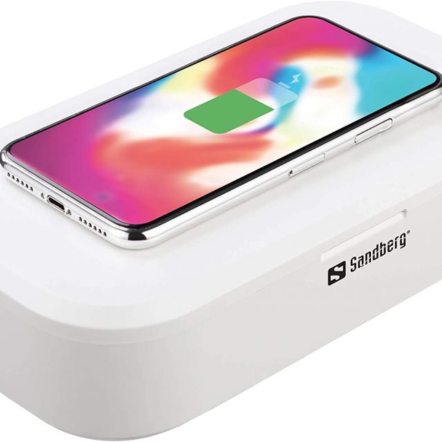 Sandberg (470-31) USB UV Sterilizer Rechargeable with Built-in 10W Qi Compatible Wireless Charger, 360° UV Disinfection, Kills up to 99% Bacteria/Viruses