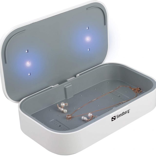 Sandberg (470-31) USB UV Sterilizer Rechargeable with Built-in 10W Qi Compatible Wireless Charger, 360° UV Disinfection, Kills up to 99% Bacteria/Viruses