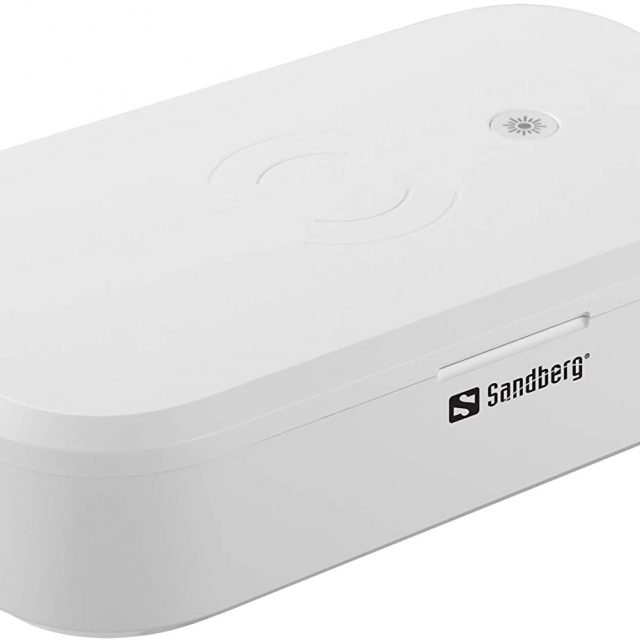 Sandberg (470-31) USB UV Sterilizer Rechargeable with Built-in 10W Qi Compatible Wireless Charger, 360° UV Disinfection, Kills up to 99% Bacteria/Viruses