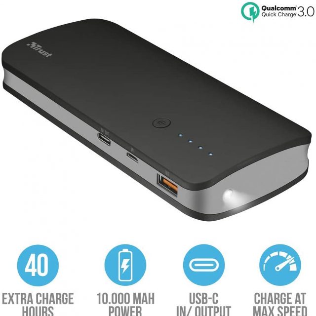 Trust Urban Fast Charge Power Bank 10000mAh Portable Charger and Battery Pack for Smartphone, Tablet and More, USB-C and USB-A Port