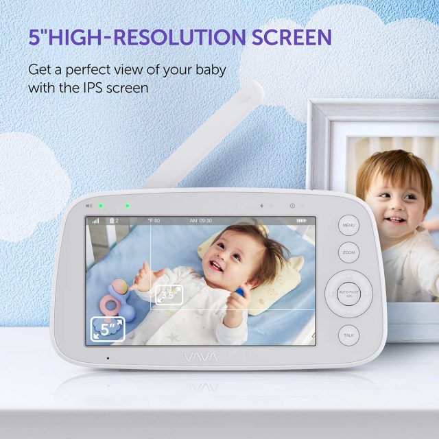 VAVA Baby Monitor 720P HD 5″ Screen Display Video Baby Monitor with Camera and Audio, IPS Screen, 900ft Range, 4500 mAh Battery, Two-Way Audio, One-Click Zoom, Night Vision and Thermal Monitor for Safety and Security