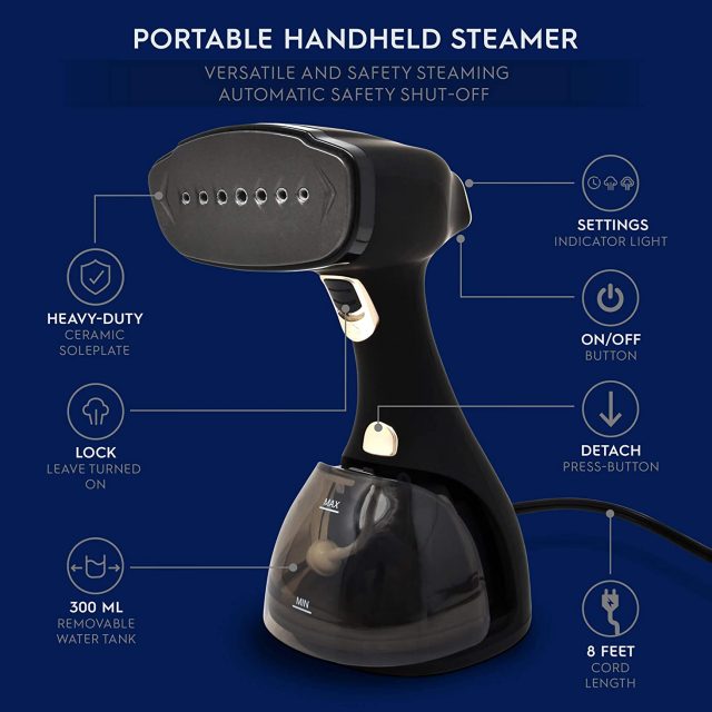 Electrolux Portable Handheld Garment and Fabric Steamer and Surface Steamer Sanitizer 1500 Watts, Rapid Heating Ceramic Sole Plate Steam Nozzle, 2 in 1 Fabric Wrinkle Remover and Clothing Iron, with Fabric Brush and Lint Brush