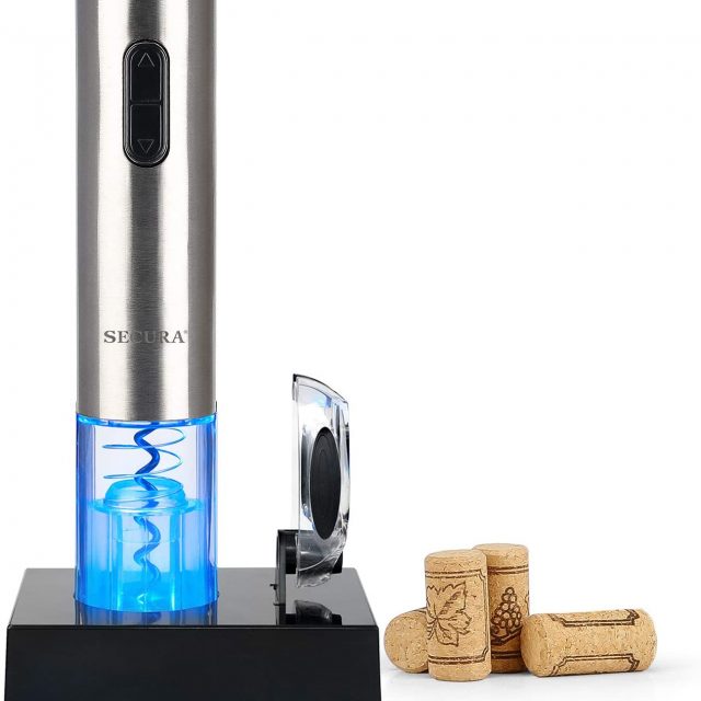 Secura Electric Wine Opener, Automatic Electric Wine Bottle Corkscrew Opener with Foil Cutter, Rechargeable (Stainless Steel)